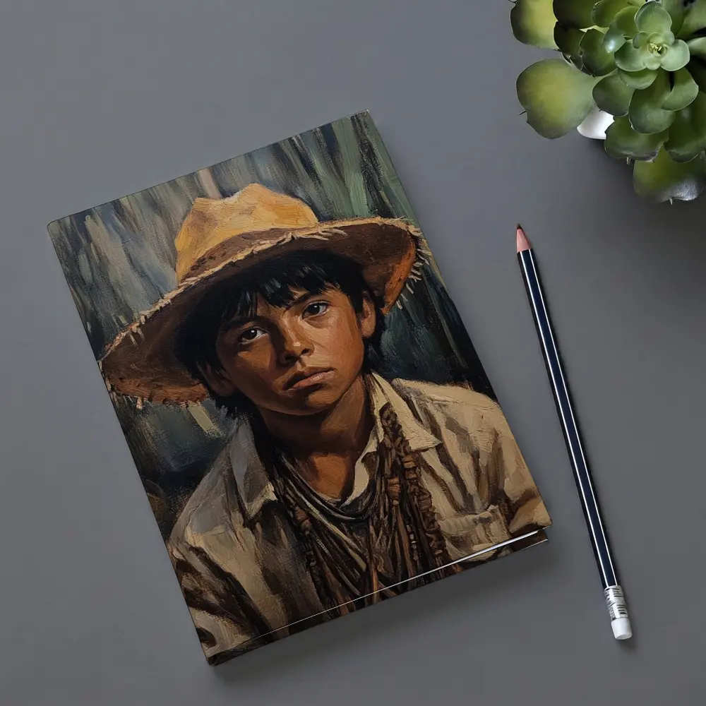 Young Boy Oil Painting Portrait Straw Hat – Notebooks