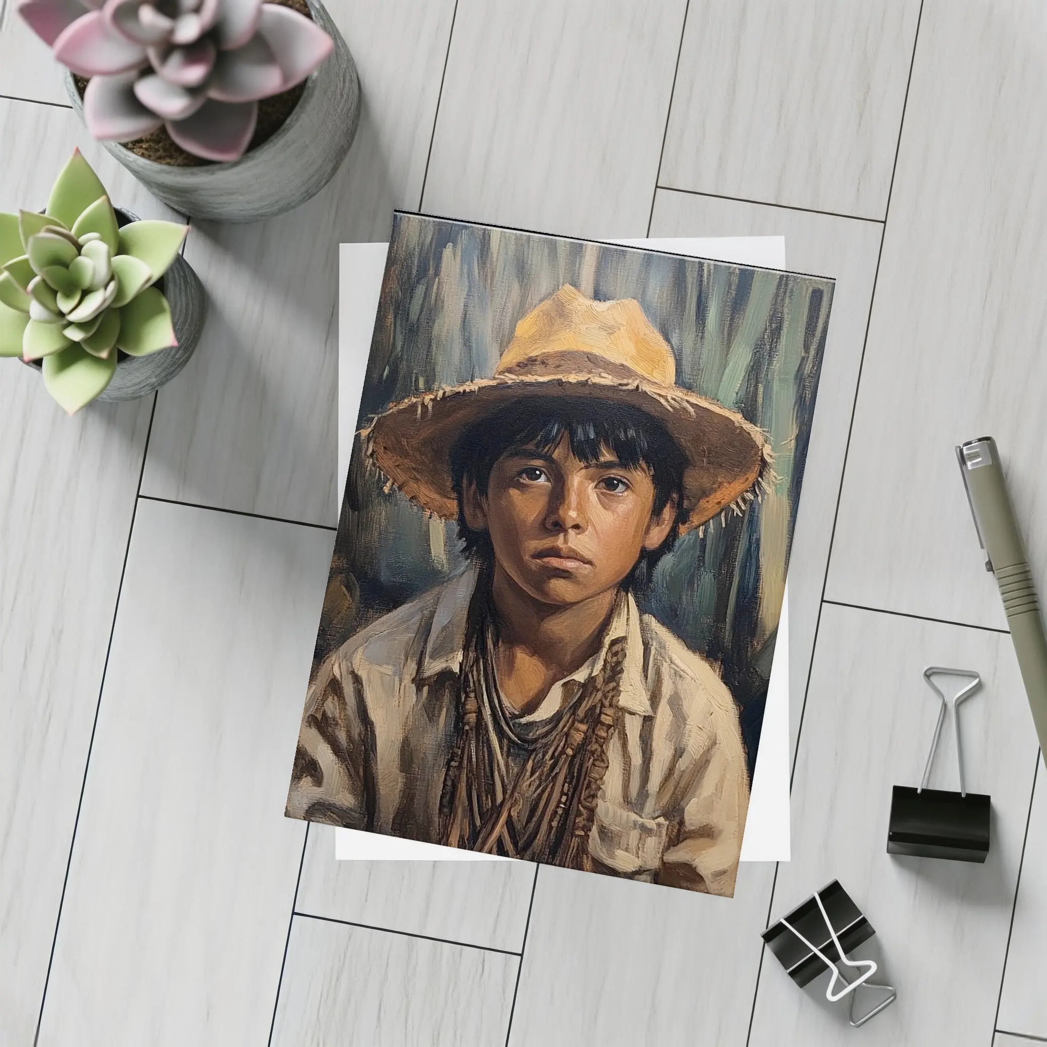 Young Boy Oil Painting Portrait Straw Hat – Postcards