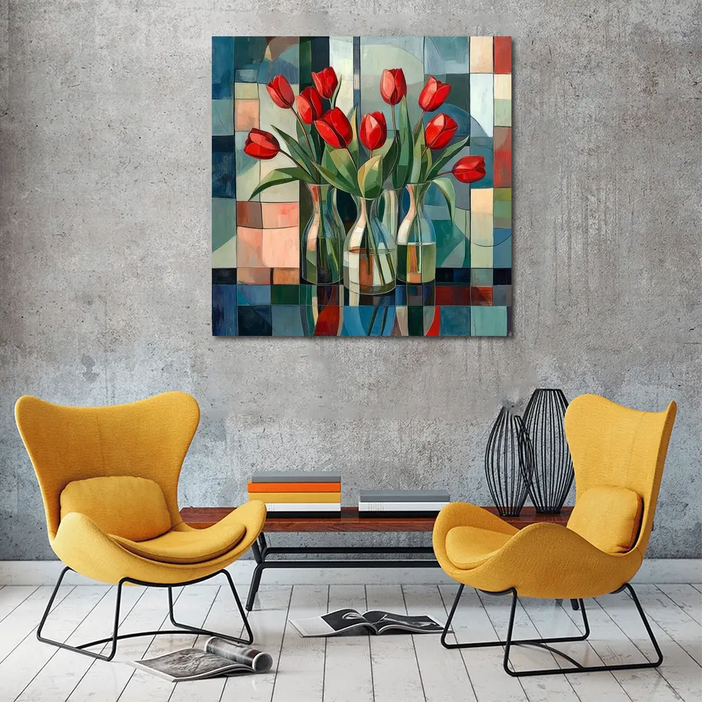Red Tulips Glass Vases Cubist Style – Wall Art