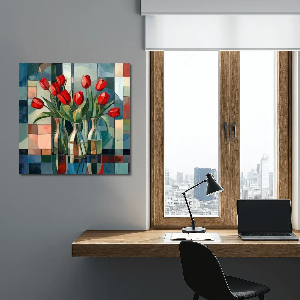Red Tulips Glass Vases Cubist Style – Wall Art