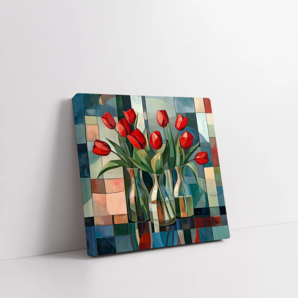Red Tulips Glass Vases Cubist Style – Wall Art