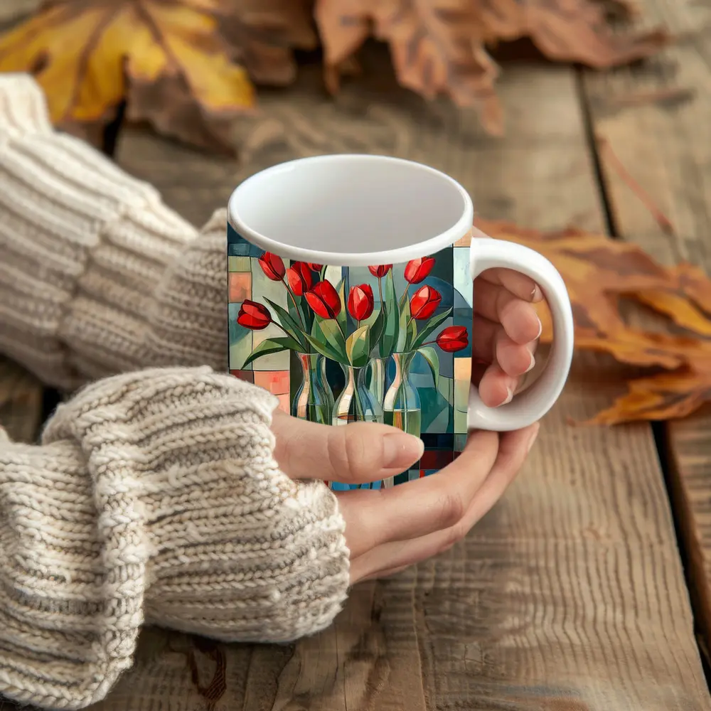 Red Tulips Glass Vases Cubist Style – Mugs