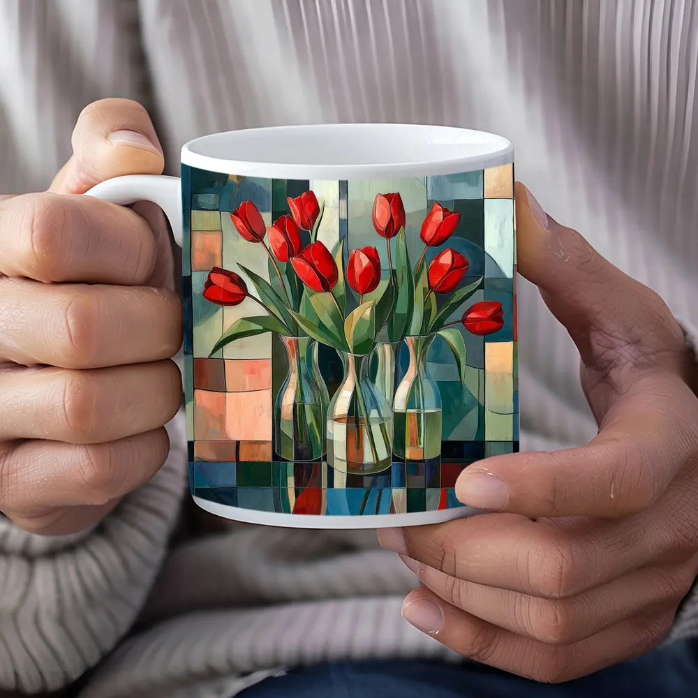 Red Tulips Glass Vases Cubist Style – Mugs