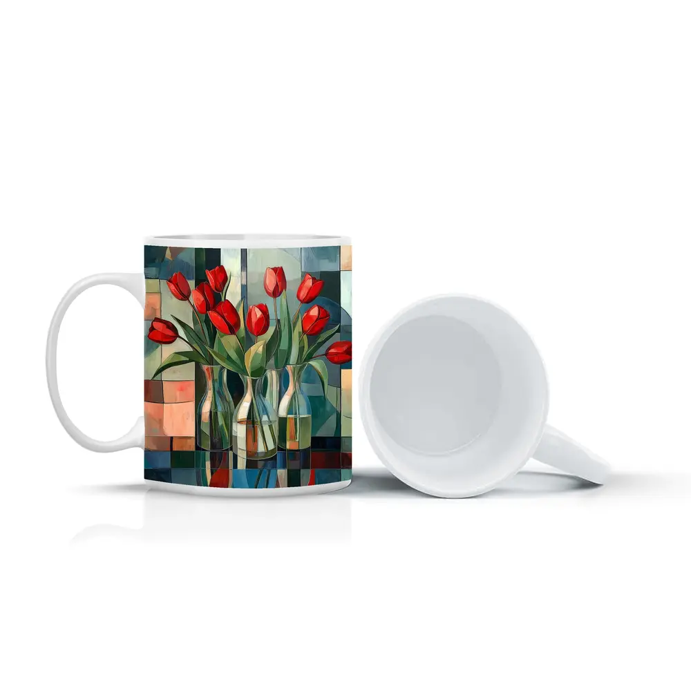 Red Tulips Glass Vases Cubist Style – Mugs