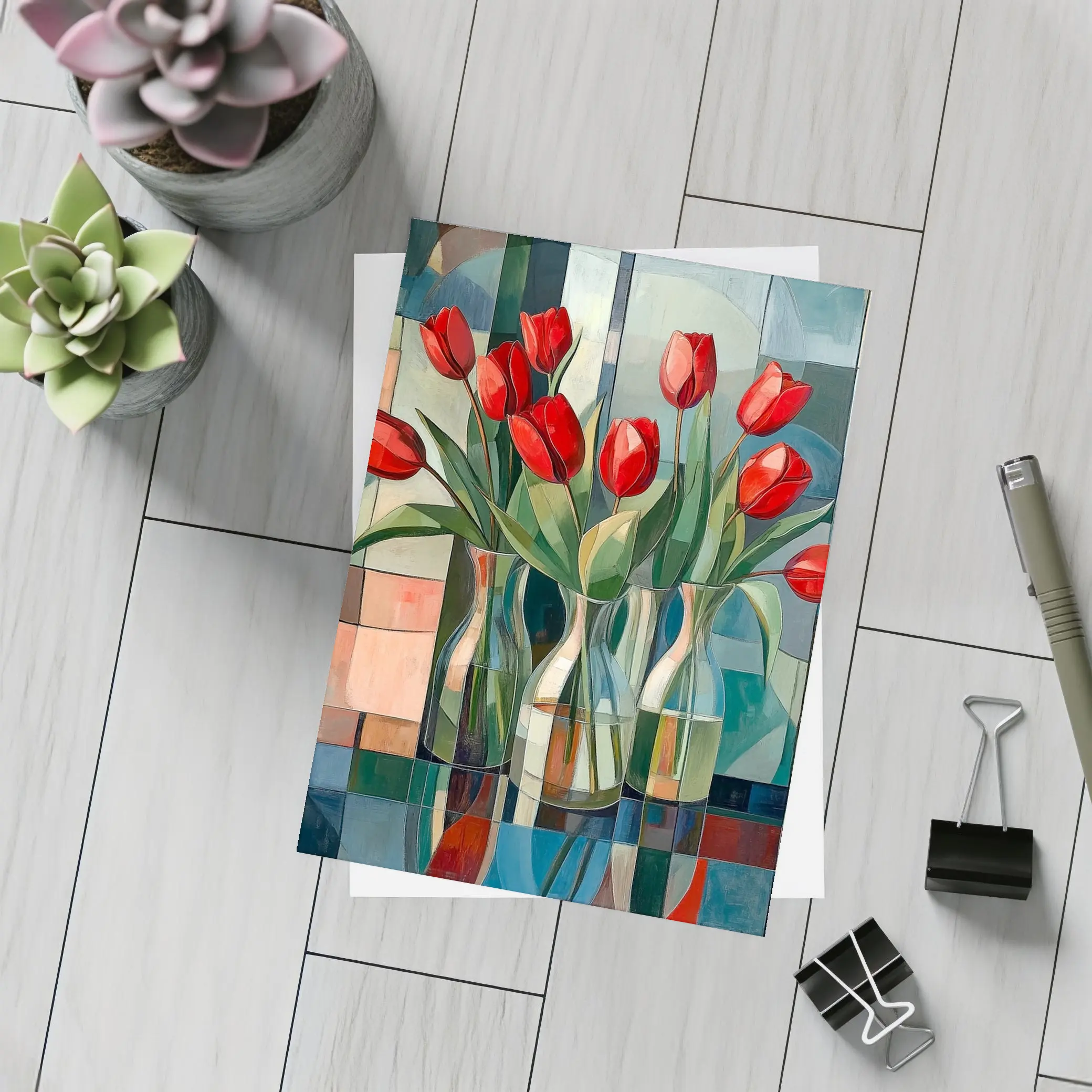 Red Tulips Glass Vases Cubist Style – Postcards