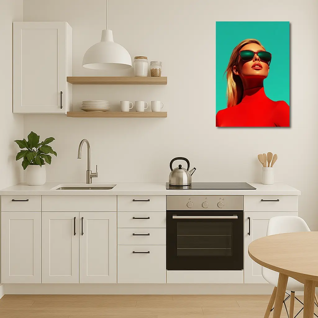 Blonde Woman Red Turtleneck Teal Background – Wall Art