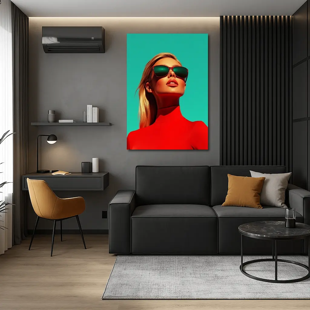 Blonde Woman Red Turtleneck Teal Background – Wall Art