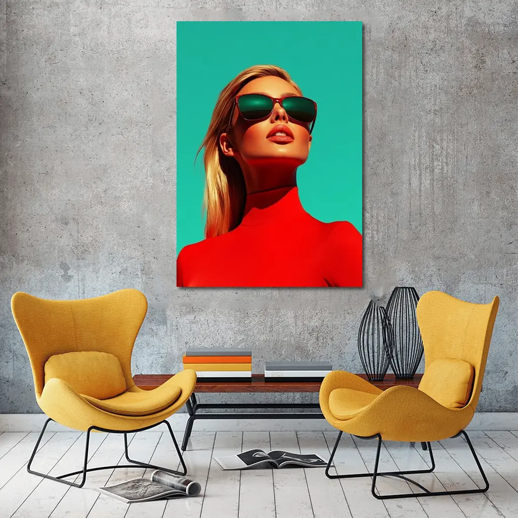 Blonde Woman Red Turtleneck Teal Background – Wall Art