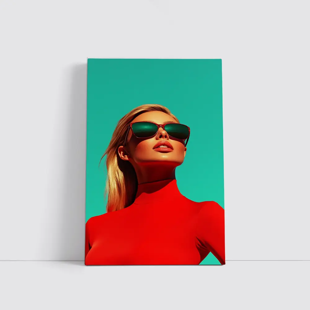 Blonde Woman Red Turtleneck Teal Background – Wall Art
