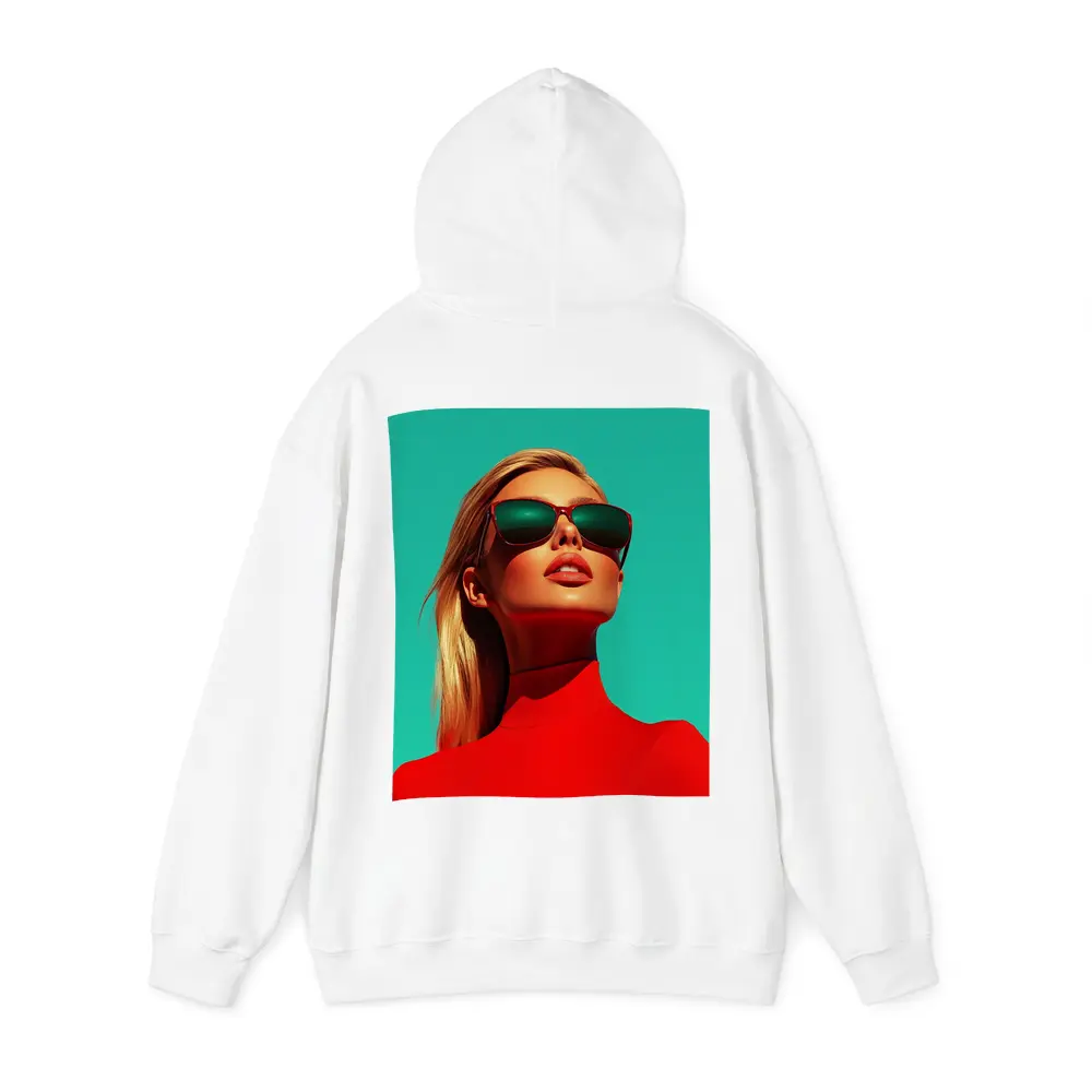 Blonde Woman Red Turtleneck Teal Background – Hoodies