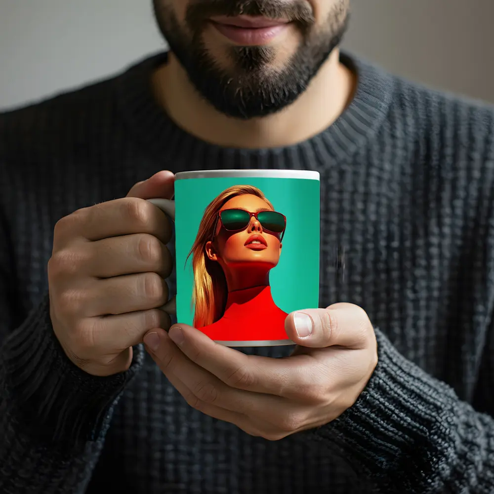Blonde Woman Red Turtleneck Teal Background – Mugs