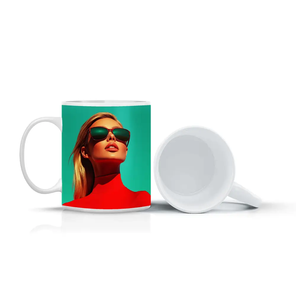 Blonde Woman Red Turtleneck Teal Background – Mugs