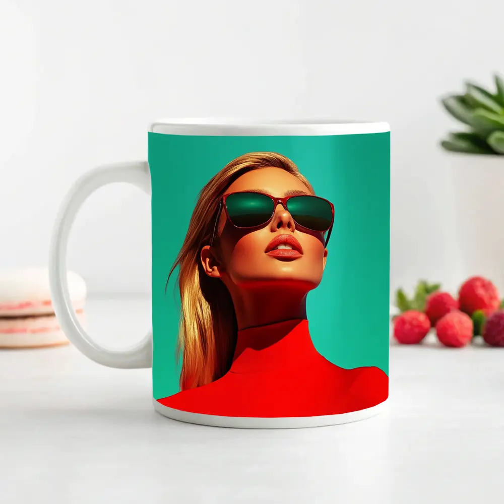 Blonde Woman Red Turtleneck Teal Background – Mugs