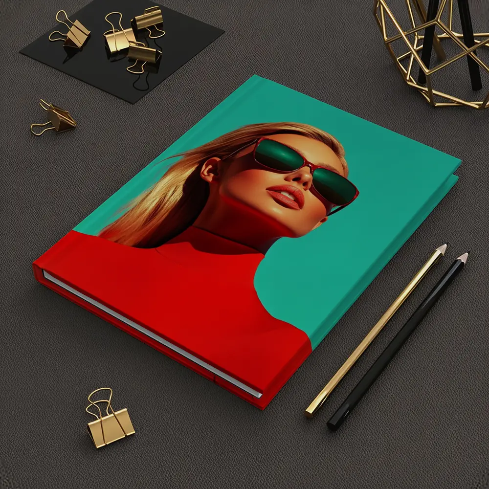 Blonde Woman Red Turtleneck Teal Background – Notebooks