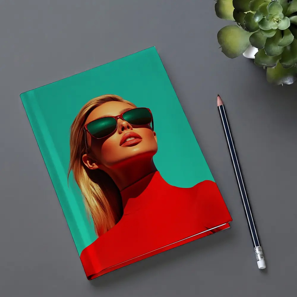 Blonde Woman Red Turtleneck Teal Background – Notebooks