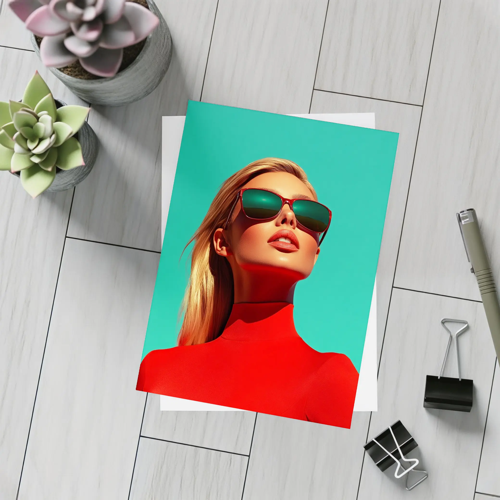Blonde Woman Red Turtleneck Teal Background – Postcards