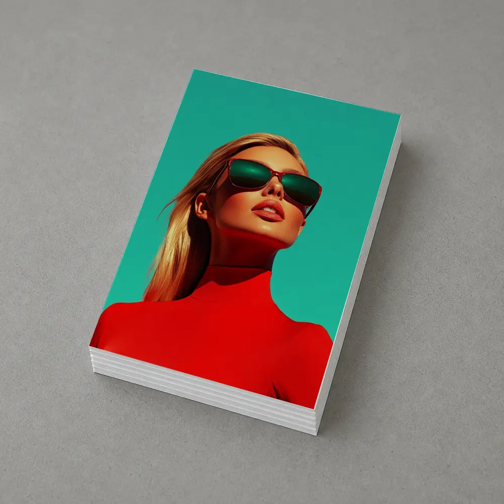 Blonde Woman Red Turtleneck Teal Background – Postcards