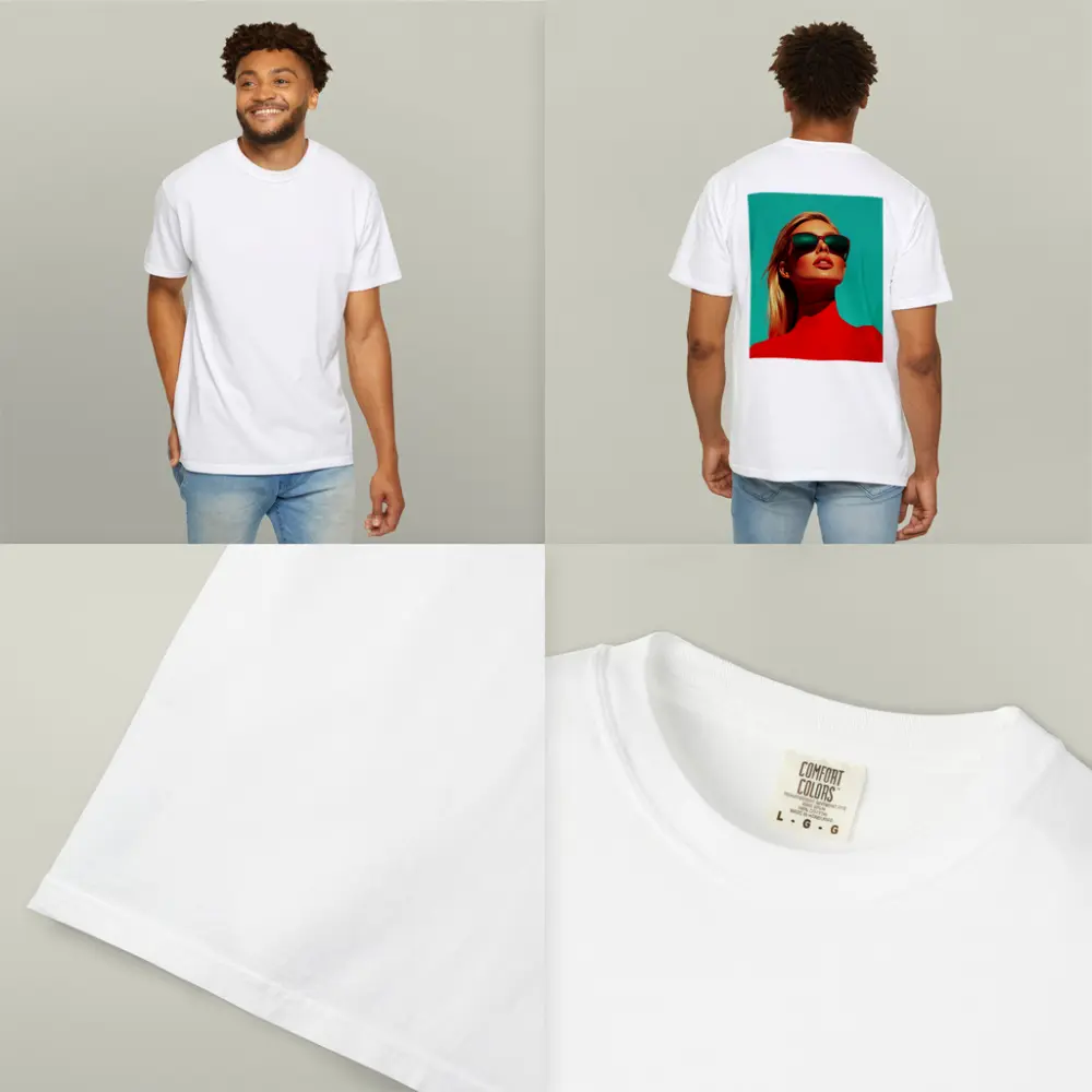Blonde Woman Red Turtleneck Teal Background – T-Shirts
