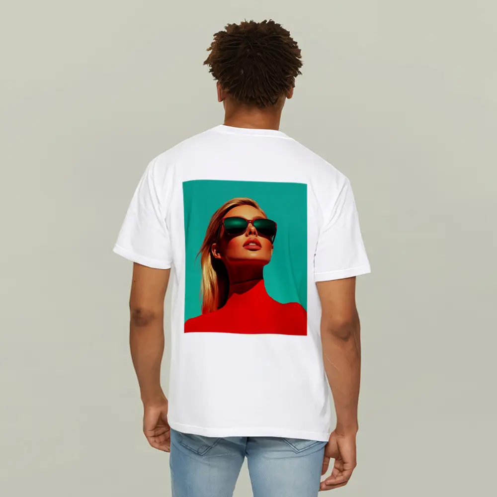 Blonde Woman Red Turtleneck Teal Background – T-Shirts
