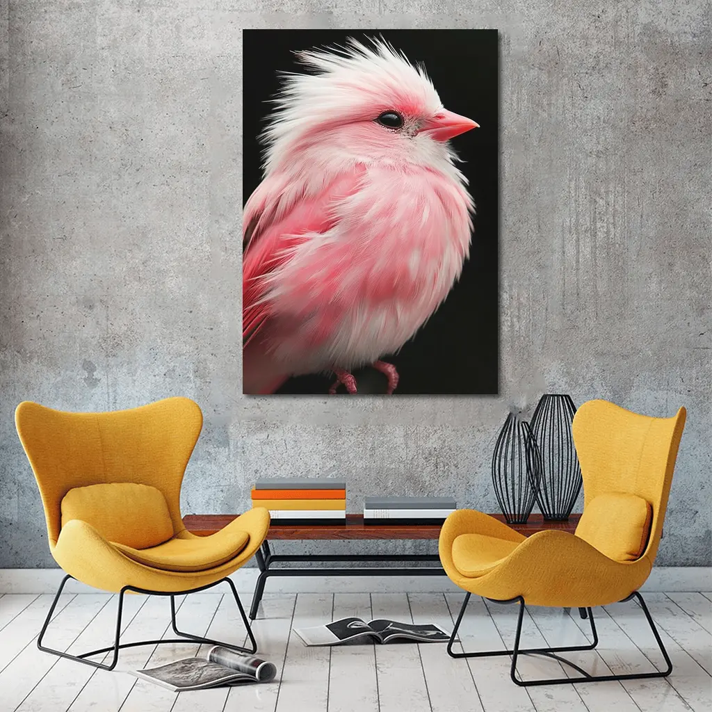 Pink Bird White Crest Dark Background – Wall Art