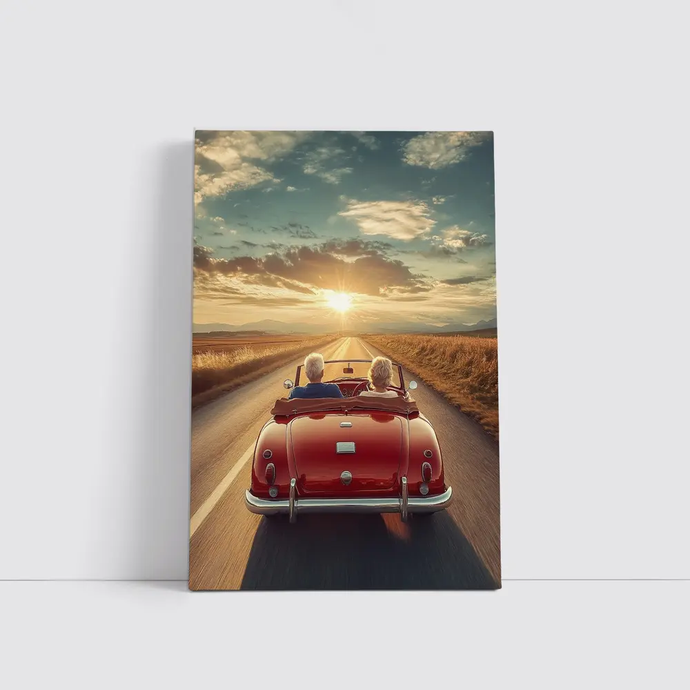 Elderly Couple Red Classic Convertible Sunset Road – Wall Art