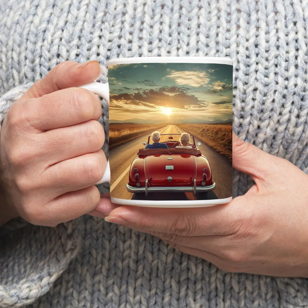 Elderly Couple Red Classic Convertible Sunset Road – Mugs