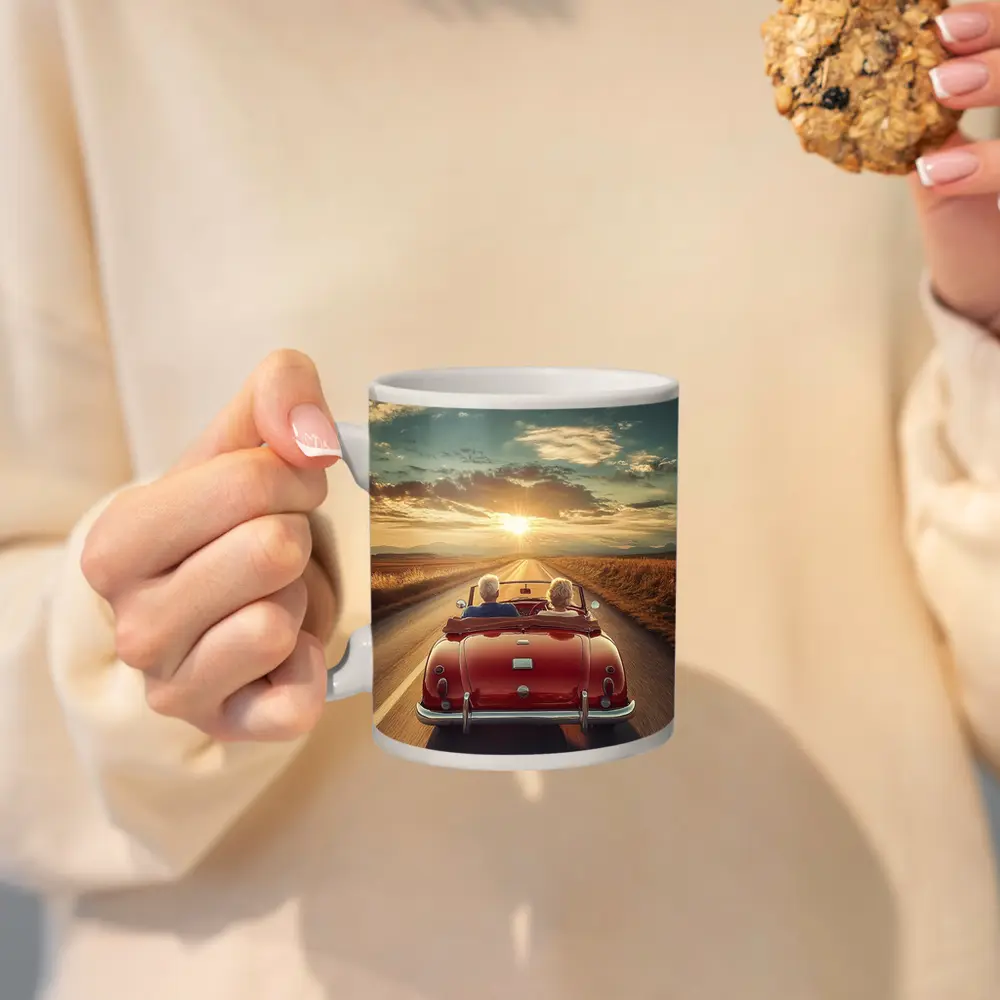 Elderly Couple Red Classic Convertible Sunset Road – Mugs