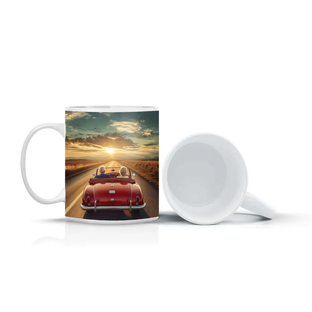 Elderly Couple Red Classic Convertible Sunset Road – Mugs