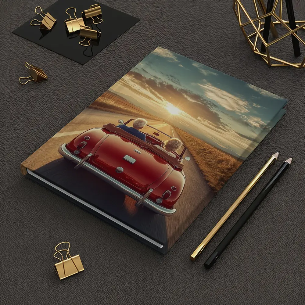 Elderly Couple Red Classic Convertible Sunset Road – Notebooks