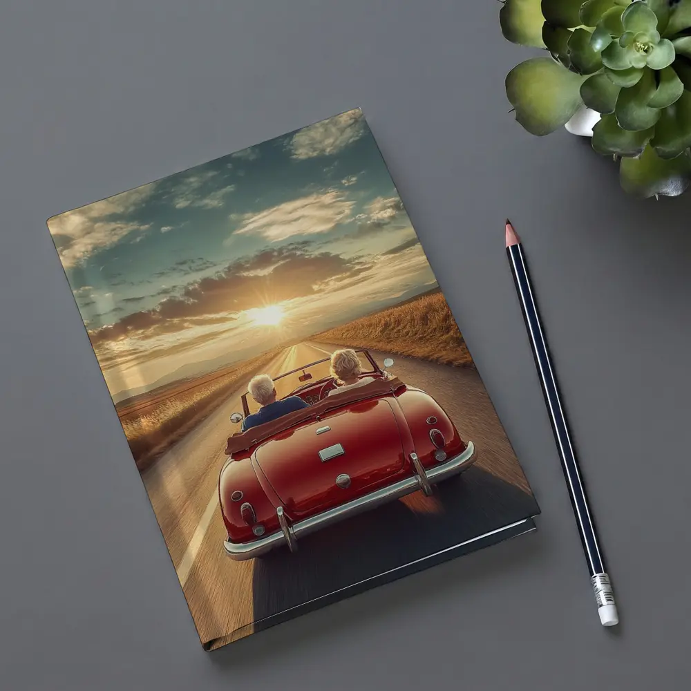 Elderly Couple Red Classic Convertible Sunset Road – Notebooks