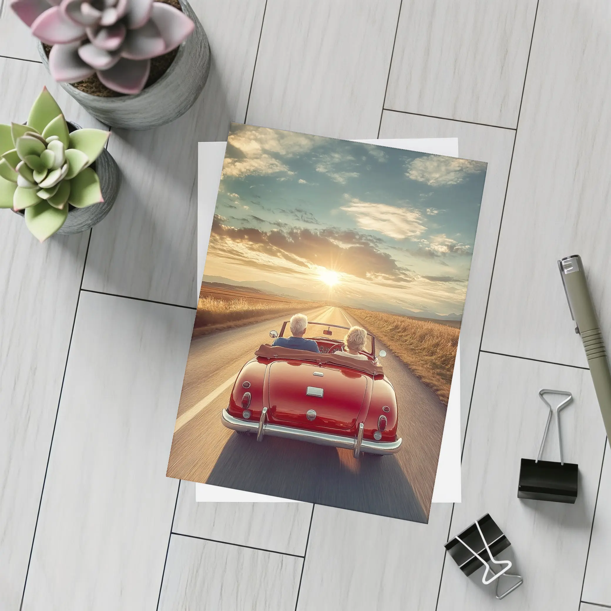 Elderly Couple Red Classic Convertible Sunset Road – Postcards
