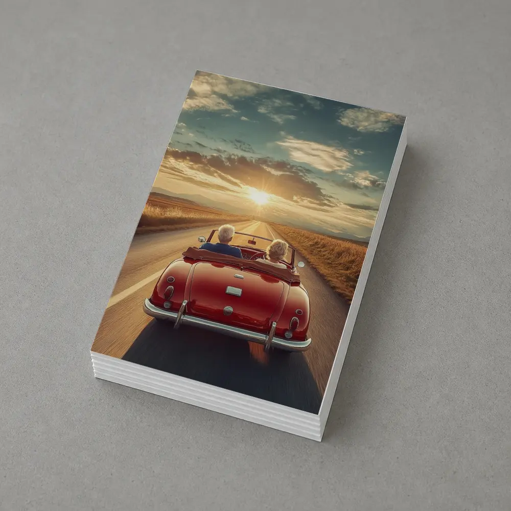 Elderly Couple Red Classic Convertible Sunset Road – Postcards