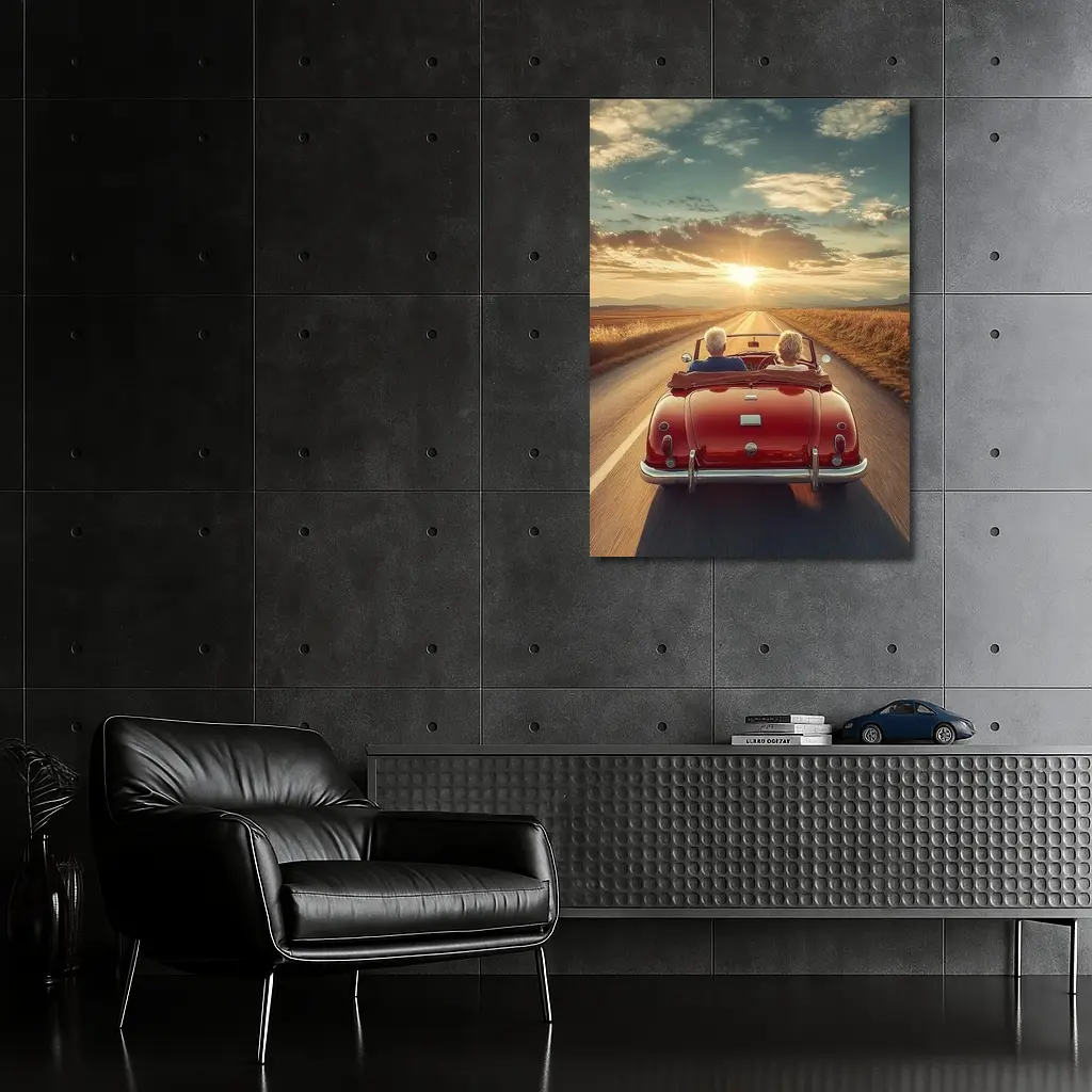 Elderly Couple Red Classic Convertible Sunset Road – Wall Art