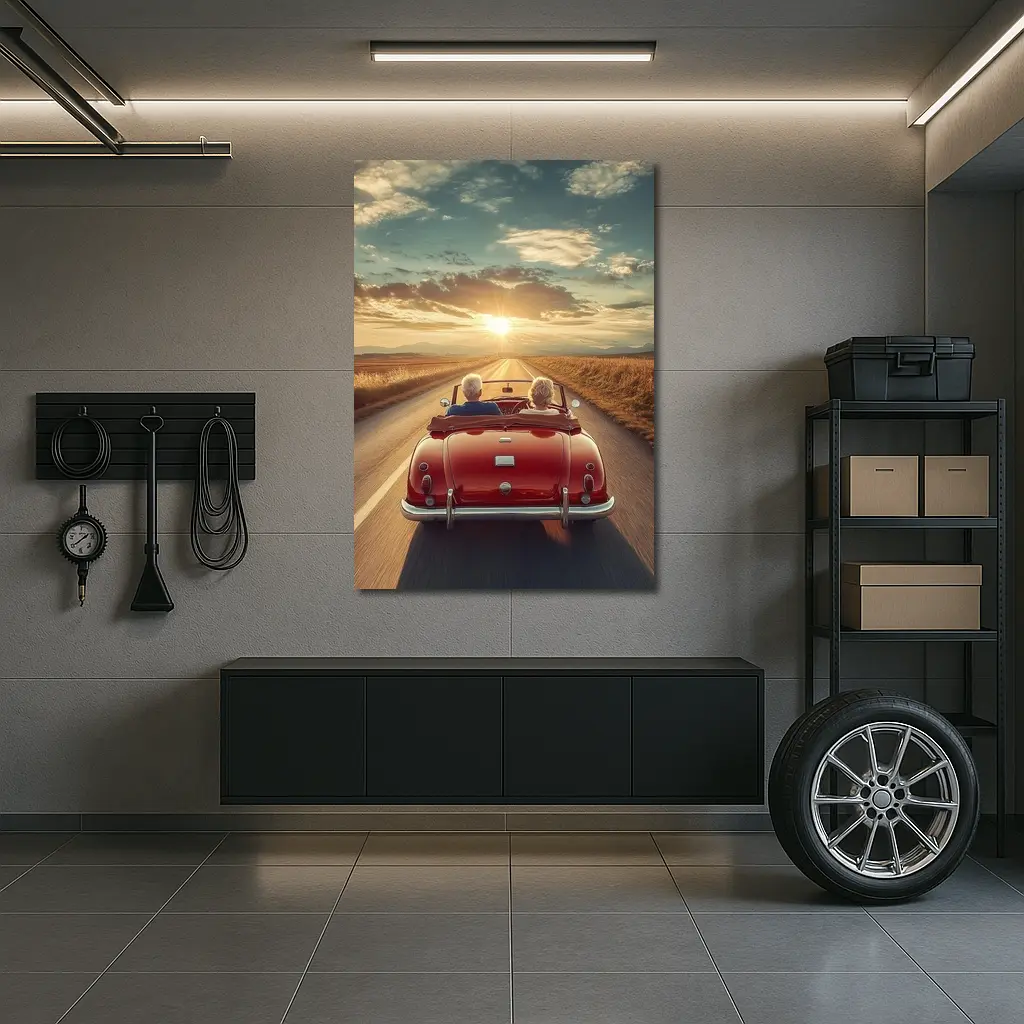 Elderly Couple Red Classic Convertible Sunset Road – Wall Art