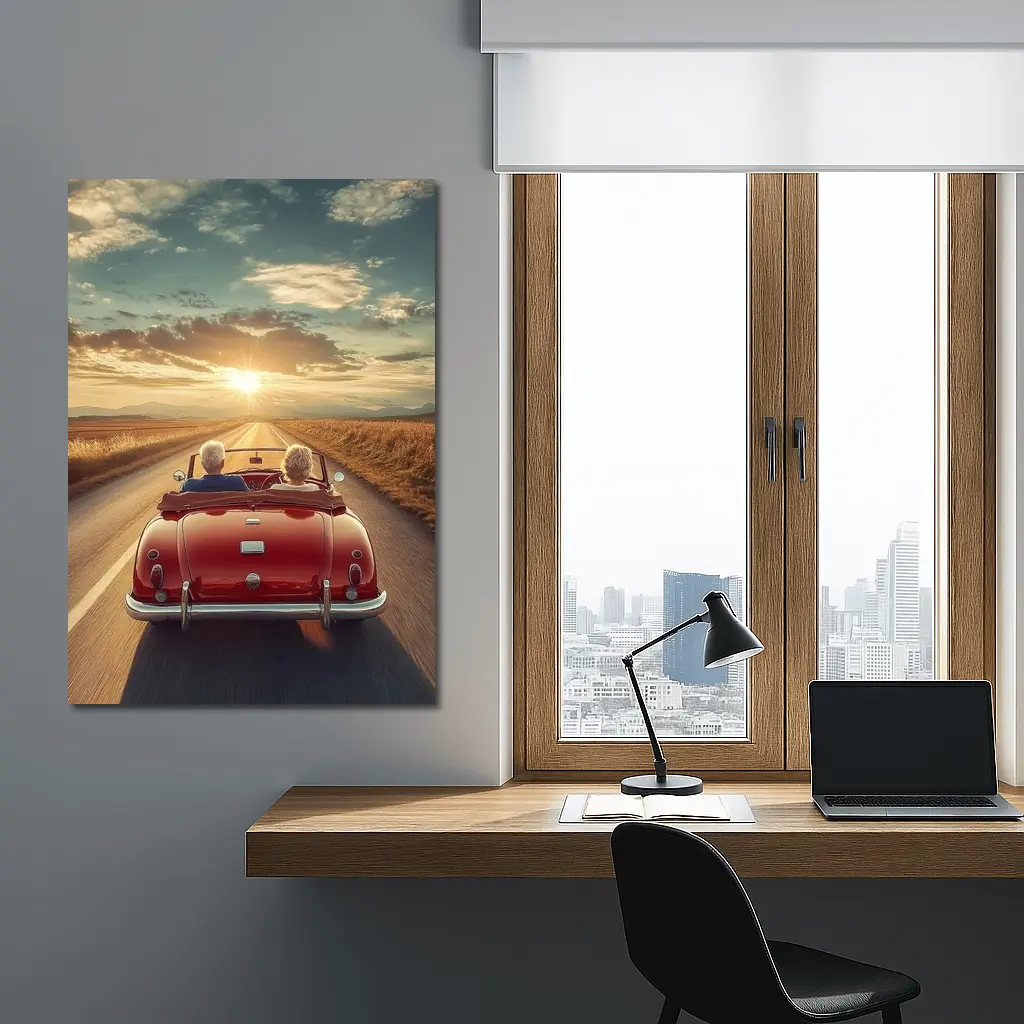 Elderly Couple Red Classic Convertible Sunset Road – Wall Art