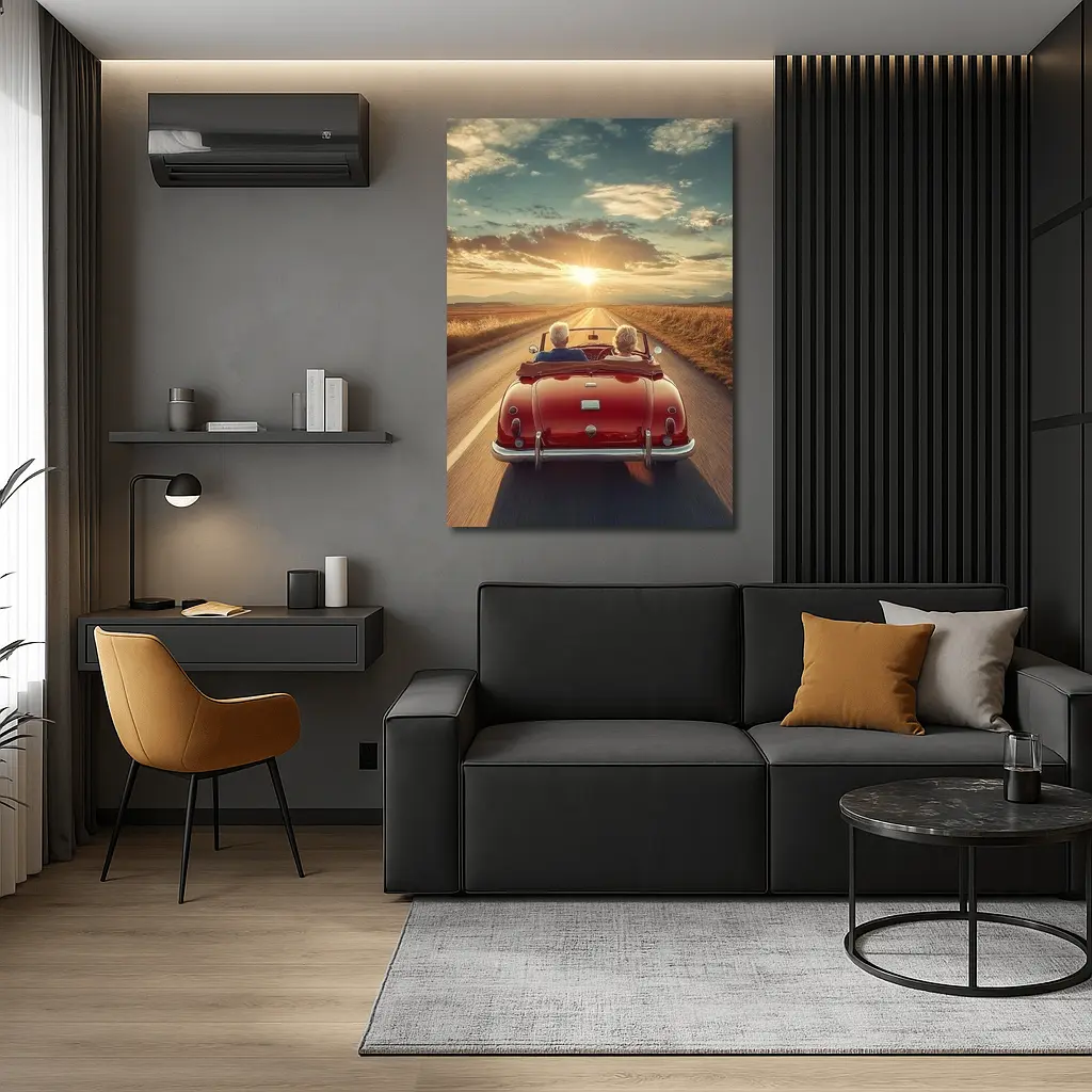 Elderly Couple Red Classic Convertible Sunset Road – Wall Art