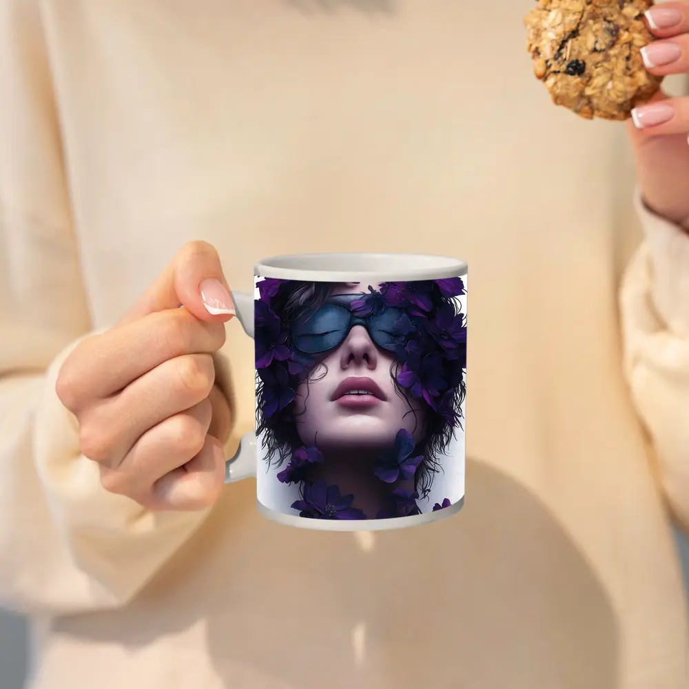 Woman Portrait Purple Flowers Fashion Art – Mugs