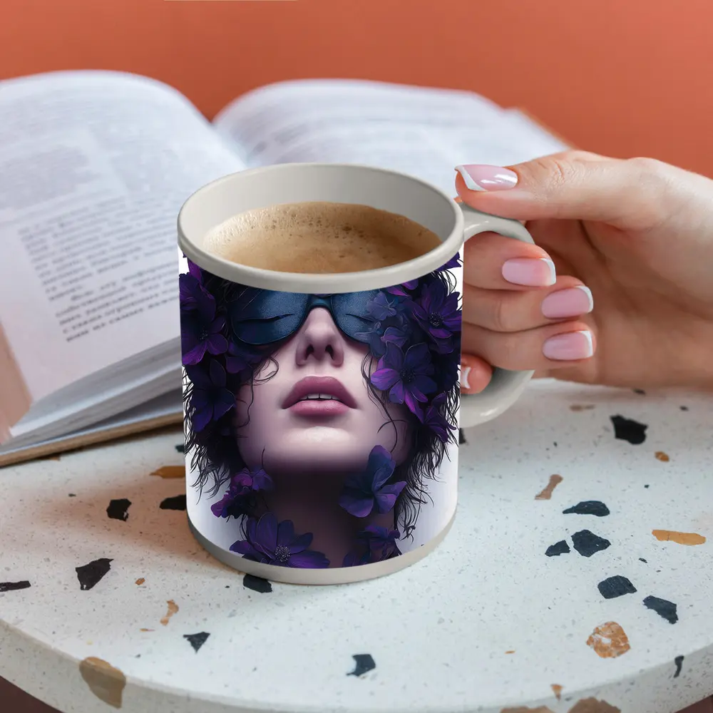 Woman Portrait Purple Flowers Fashion Art – Mugs