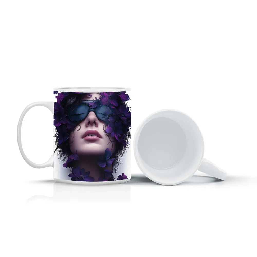 Woman Portrait Purple Flowers Fashion Art – Mugs