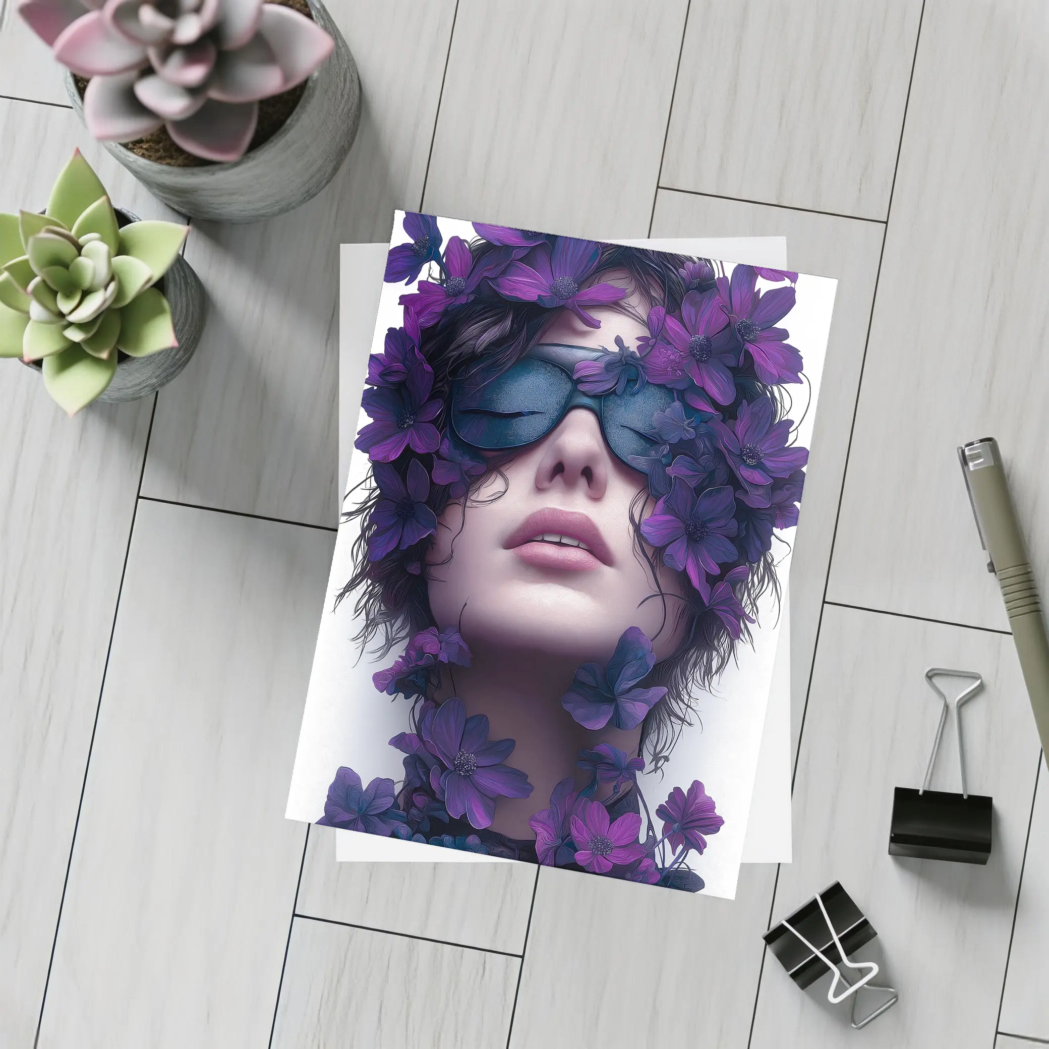Woman Portrait Purple Flowers Fashion Art – Postcards