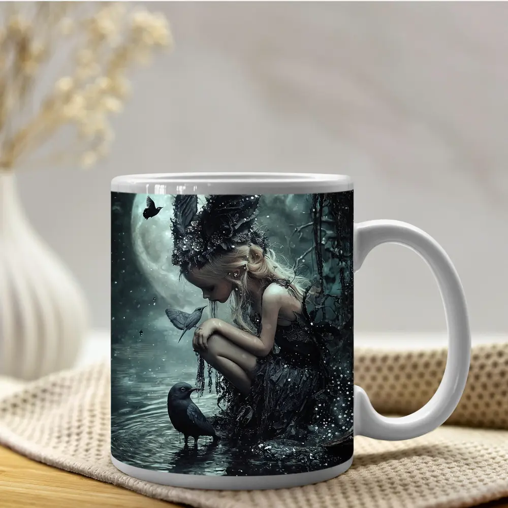 Dark Fairy Girl Raven Moonlit Water Fantasy – Mugs