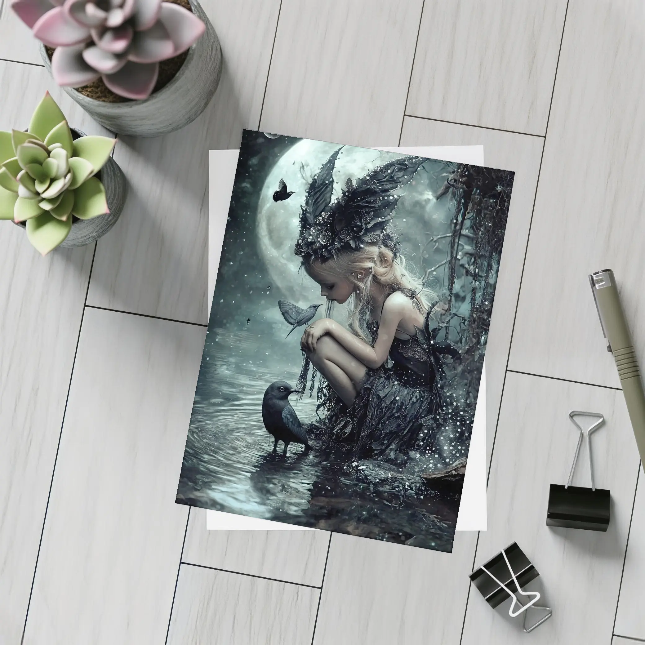 Dark Fairy Girl Raven Moonlit Water Fantasy – Postcards