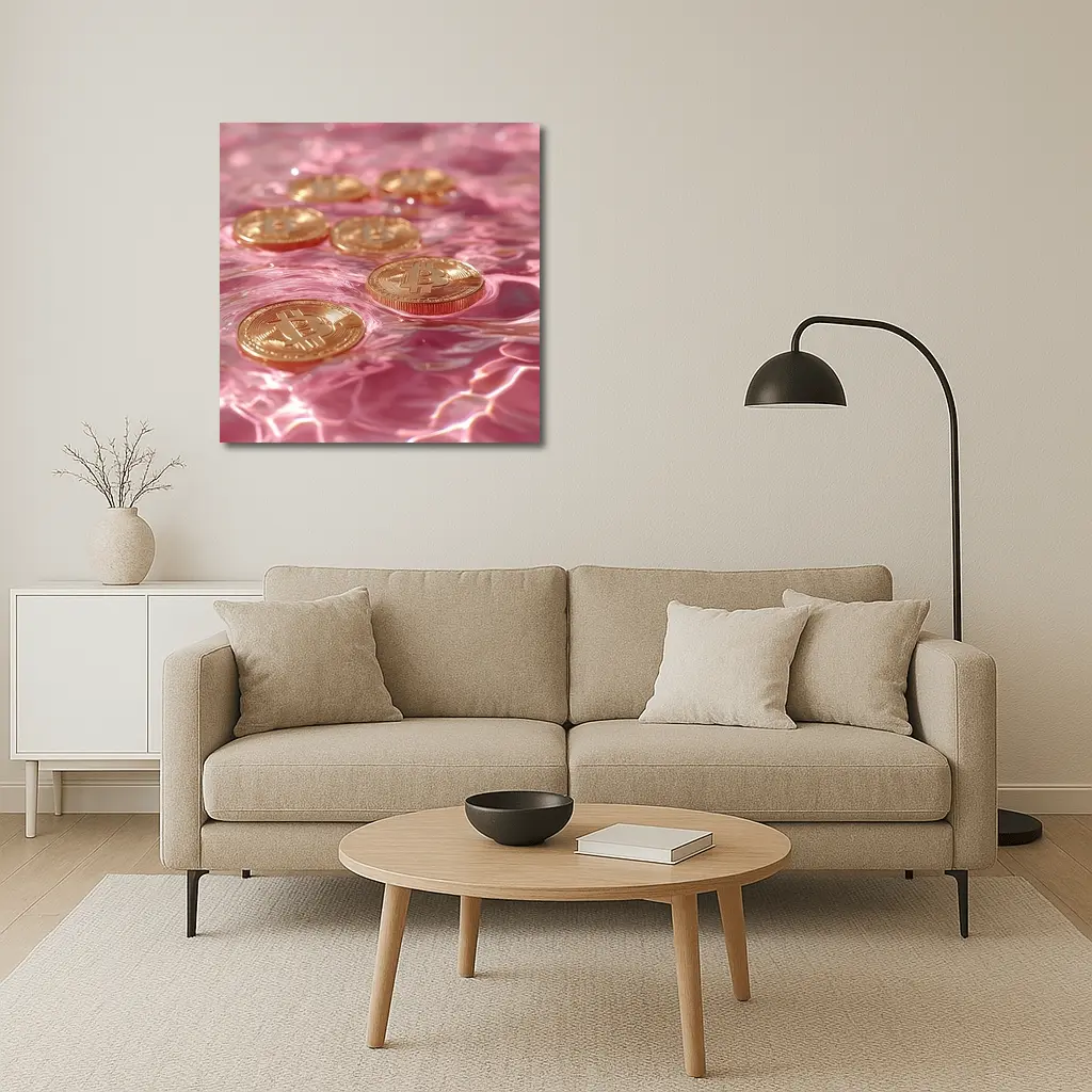 Gold Bitcoin Coins Floating Pink Water – Wall Art