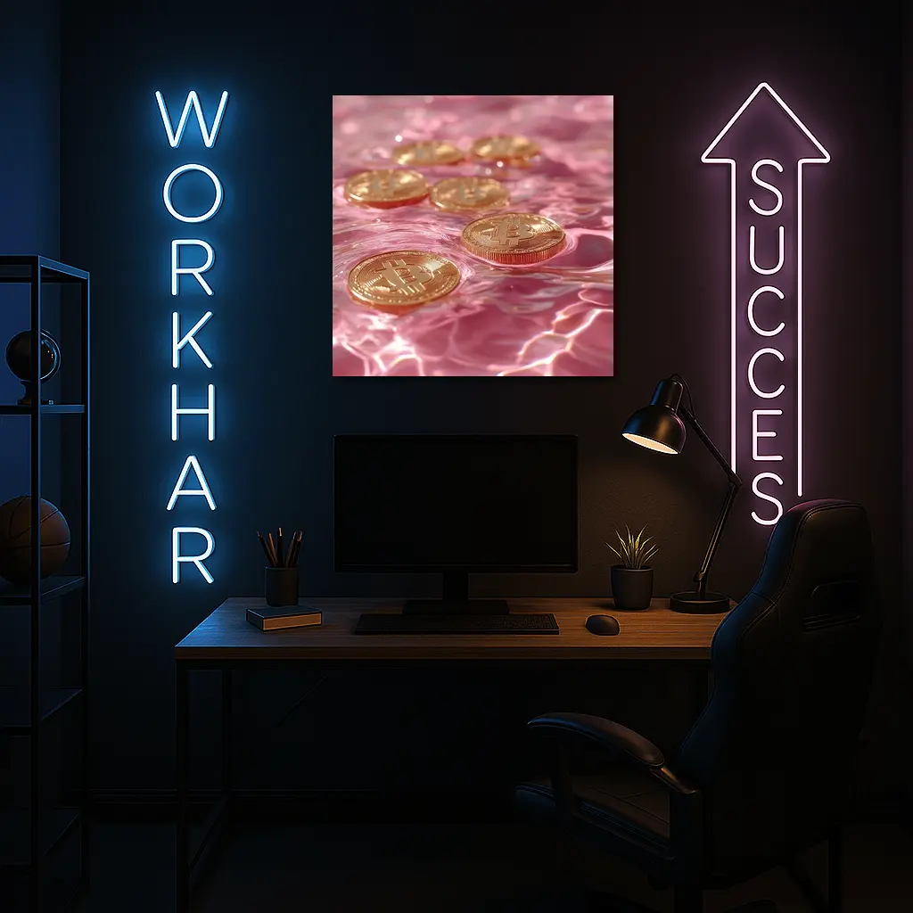 Gold Bitcoin Coins Floating Pink Water – Wall Art