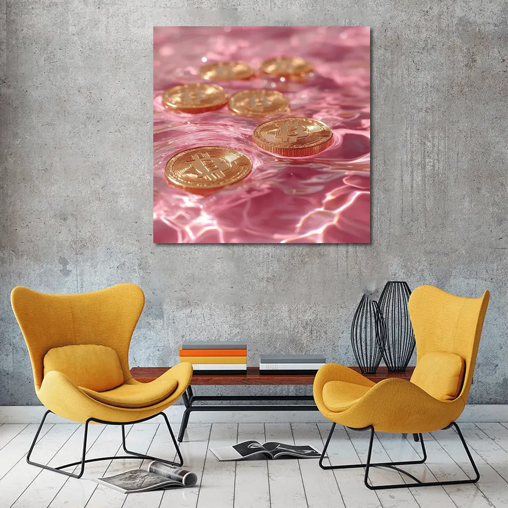 Gold Bitcoin Coins Floating Pink Water – Wall Art