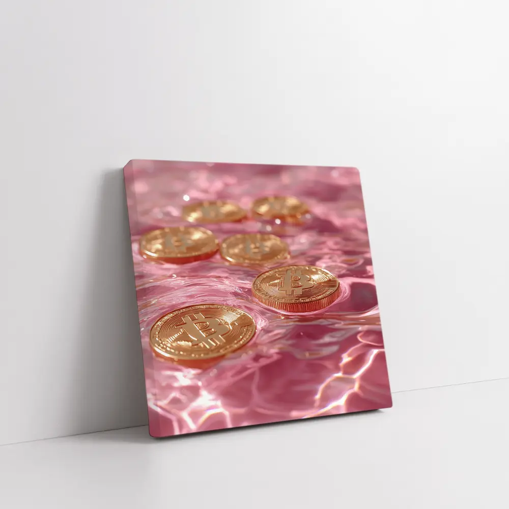 Gold Bitcoin Coins Floating Pink Water – Wall Art