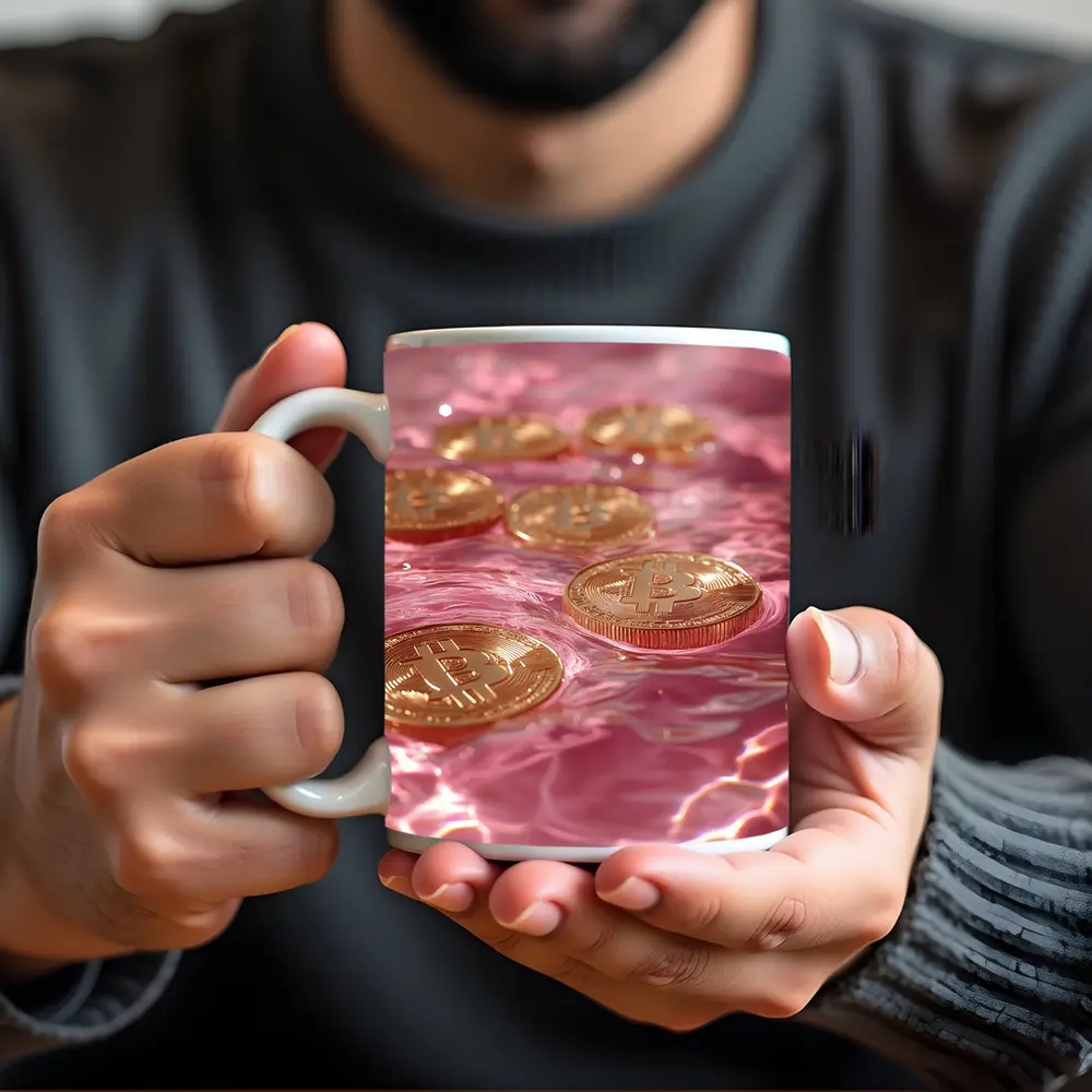 Gold Bitcoin Coins Floating Pink Water – Mugs