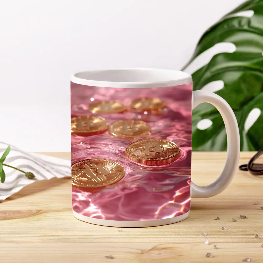 Gold Bitcoin Coins Floating Pink Water – Mugs