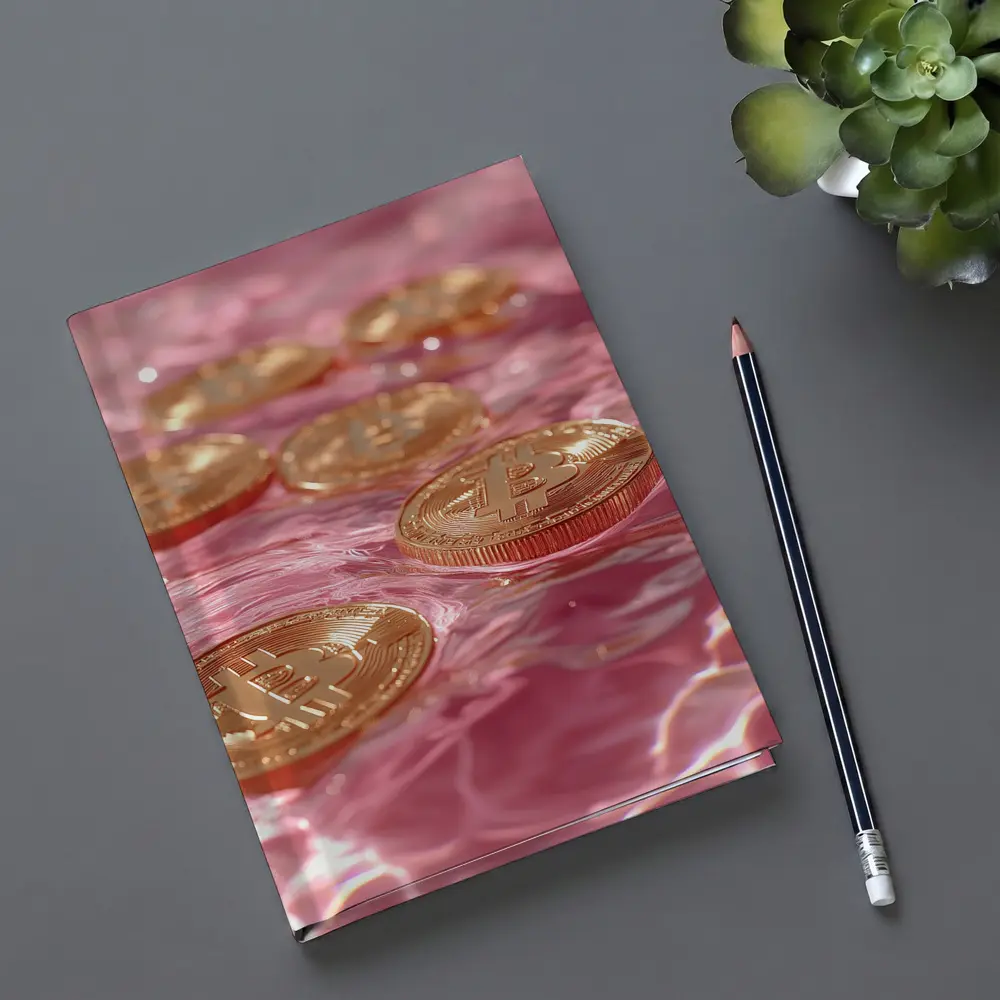 Gold Bitcoin Coins Floating Pink Water – Notebooks