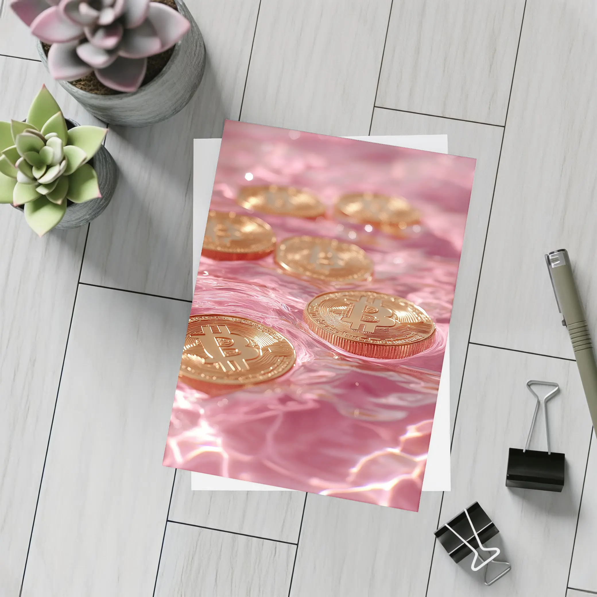 Gold Bitcoin Coins Floating Pink Water – Postcards